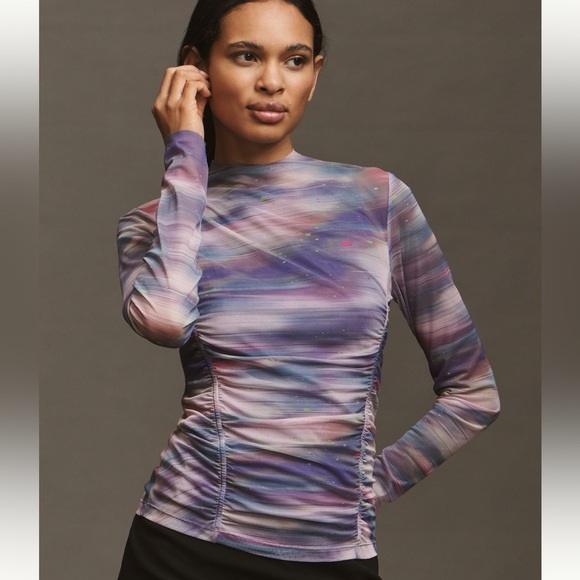 Anthropologie Tops - Anthropologie Mesh Top Size Medium Purple Pattern Double Layer Long Sleeve